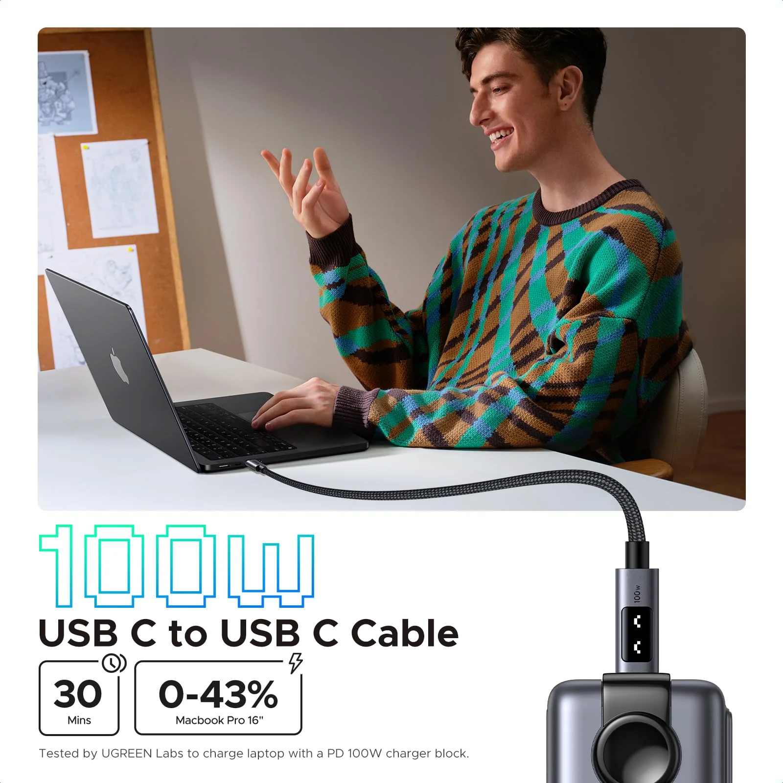 CABLE USB C UGREEN UNO L509 BLACK 100W 3M - Imagen 3