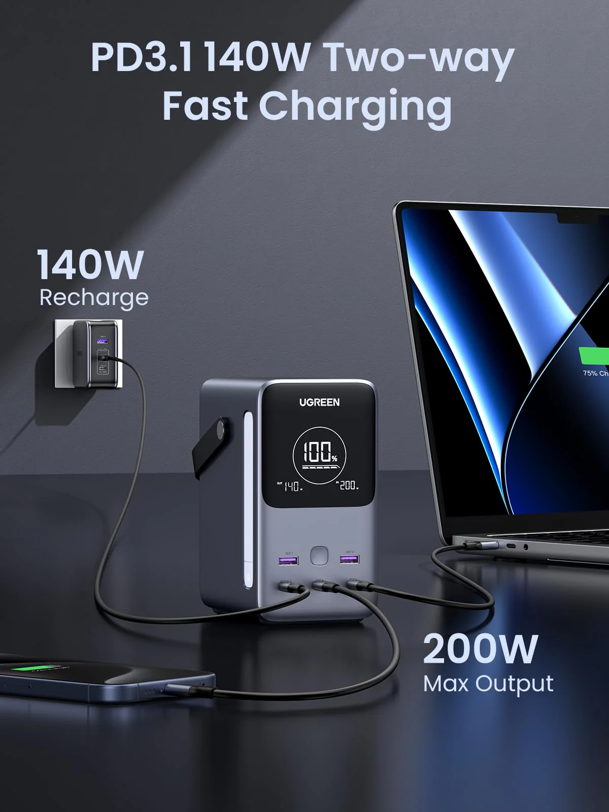 POWER BANK UGREEN NEXODE PB770 CON LUZ DE EMERGENCIA 48000MAH 300W - Imagen 7